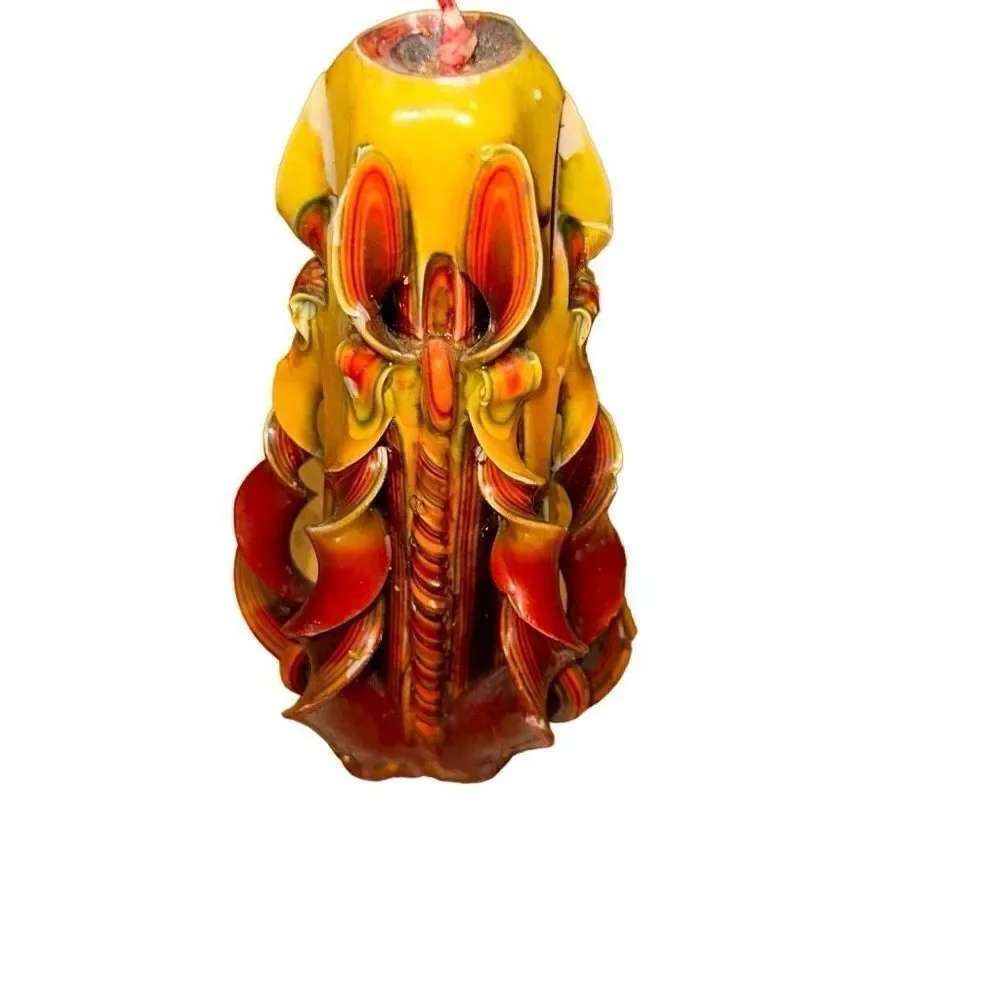 VINTAGE HAND CARVED CANDLE *RARE UNLIT layered 1970 yellow orange twirl fire